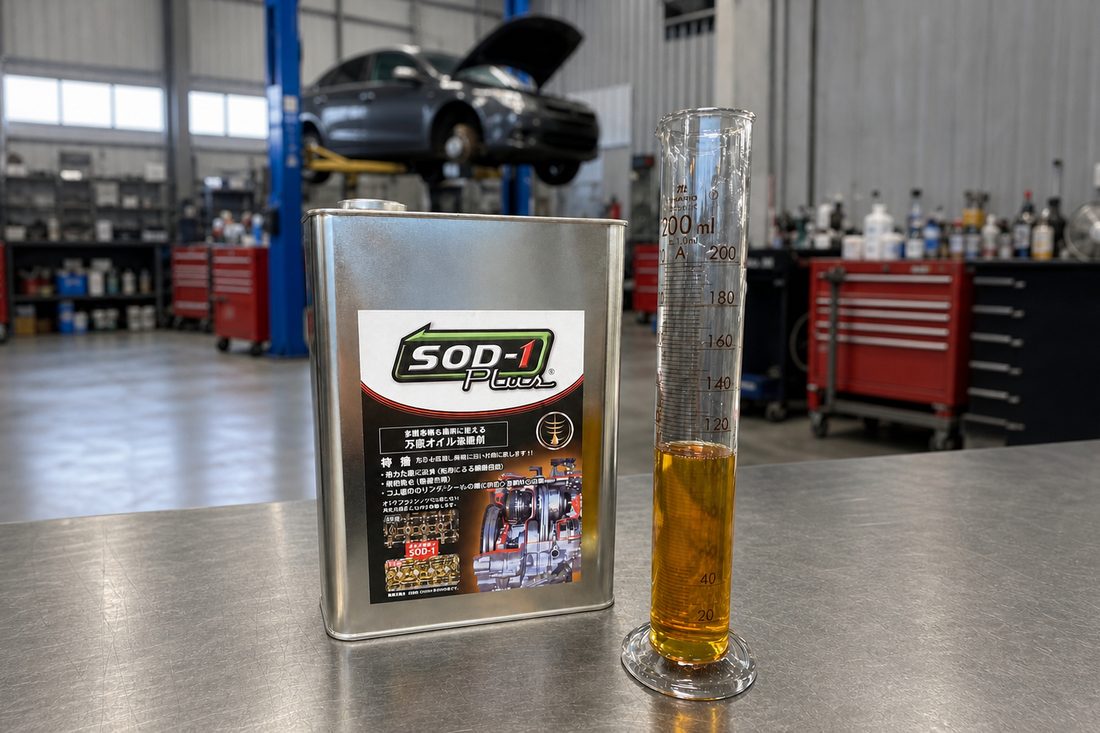 万能オイル添加剤 SOD-1 Plus とメスシリンダー